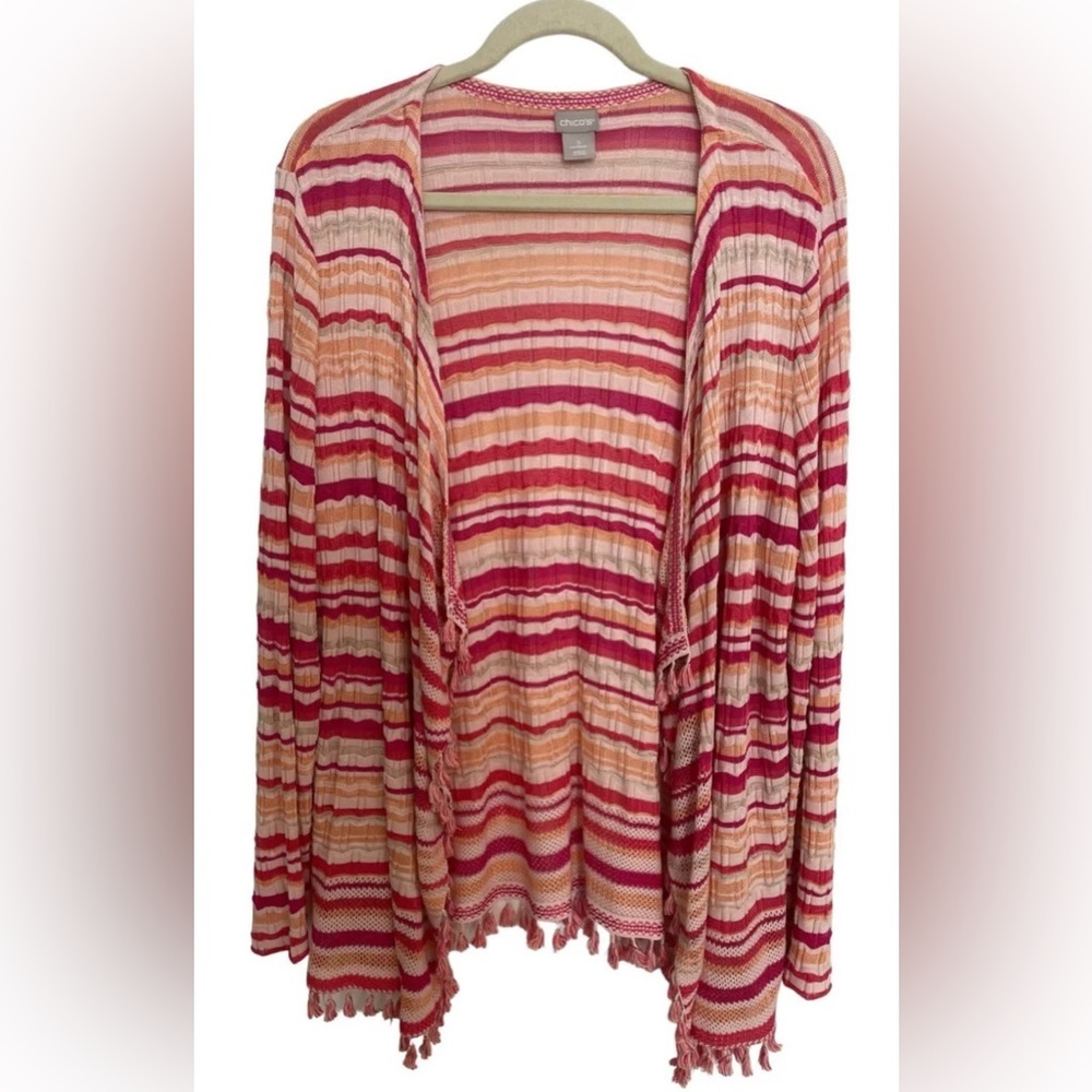 Chico’s Striped Cardigan Tassel Colorful Summer Open Pink Orange Sz 3 US XL